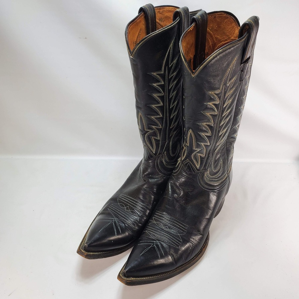 Tony Lama Western Boots Mens 9 Black Leather Pointed Toe Vintage 9920 USA
